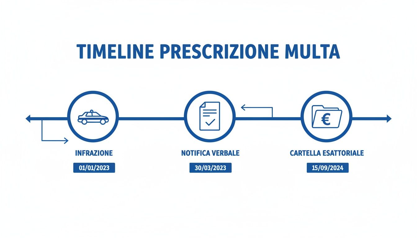 Una timeline illustra la prescrizione di una multa con le tappe: infrazione, notifica verbale e cartella esattoriale con date specifiche.