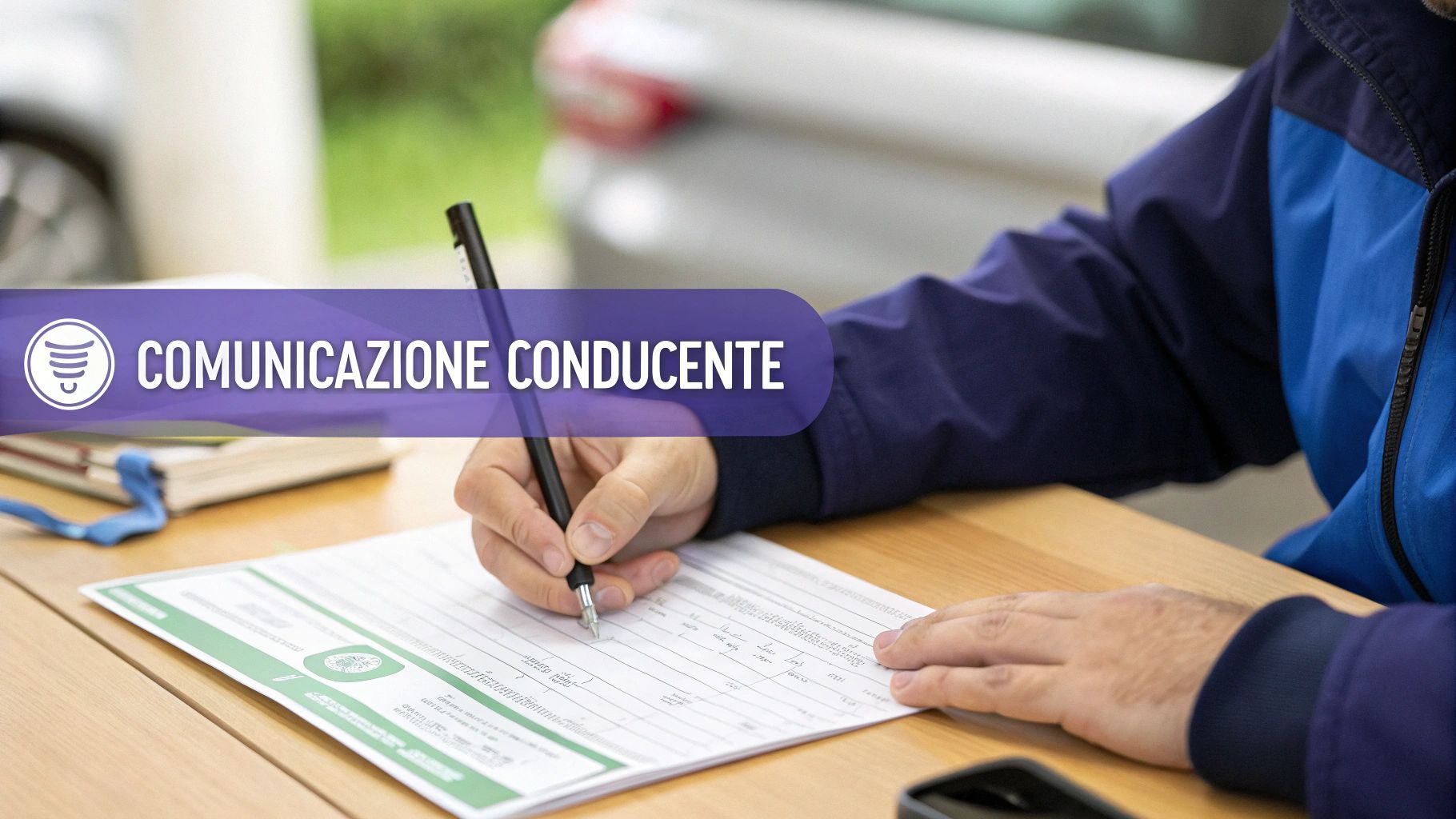 Una persona compila un modulo per comunicare i dati del conducente dopo una multa