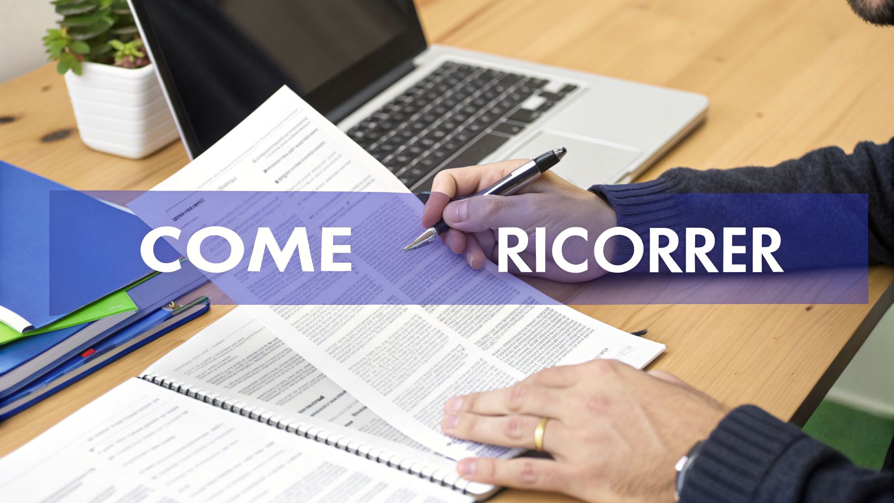 Persona che analizza documenti al tavolo con un laptop, la frase 'COME RICORRER' visibile.