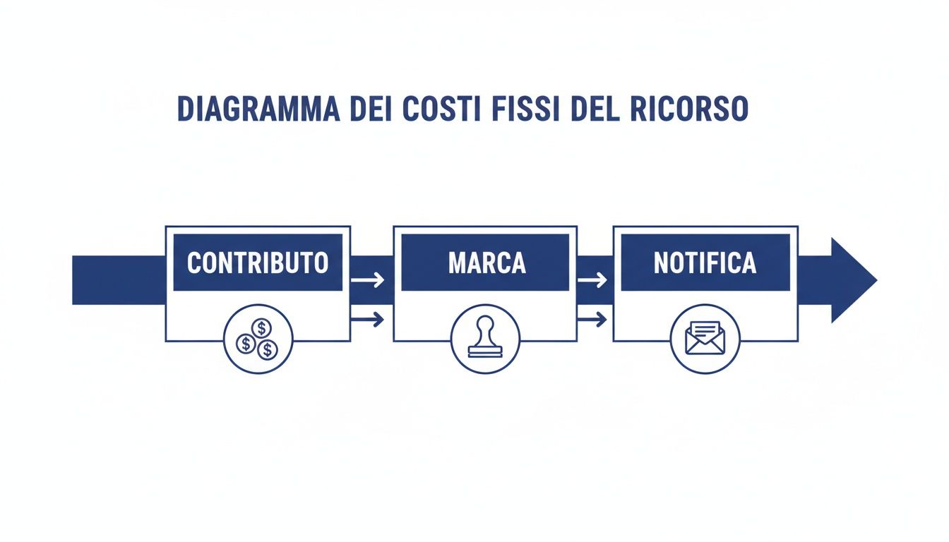 Diagramma di flusso che illustra i costi fissi per un ricorso, inclusi contributo, marca e notifica, in una sequenza chiara.