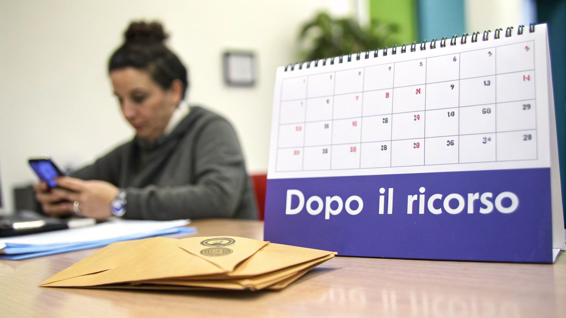 Una persona usa lo smartphone in ufficio, con buste, documenti e un calendario che recita "Dopo il ricorso".