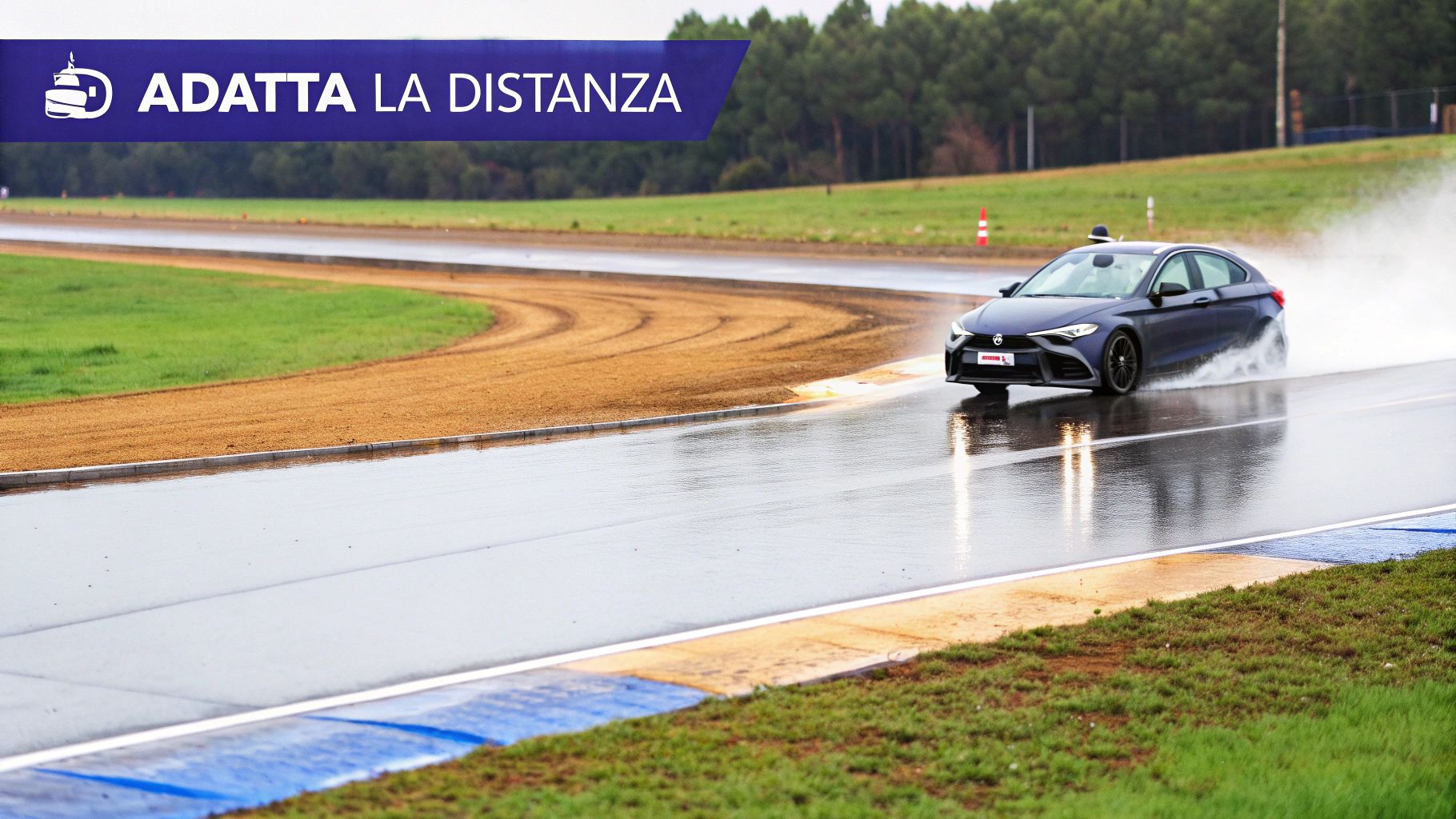 Un'auto guida con cautela su una strada bagnata dalla pioggia, con i fari accesi e le gocce d'acqua visibili sul parabrezza.