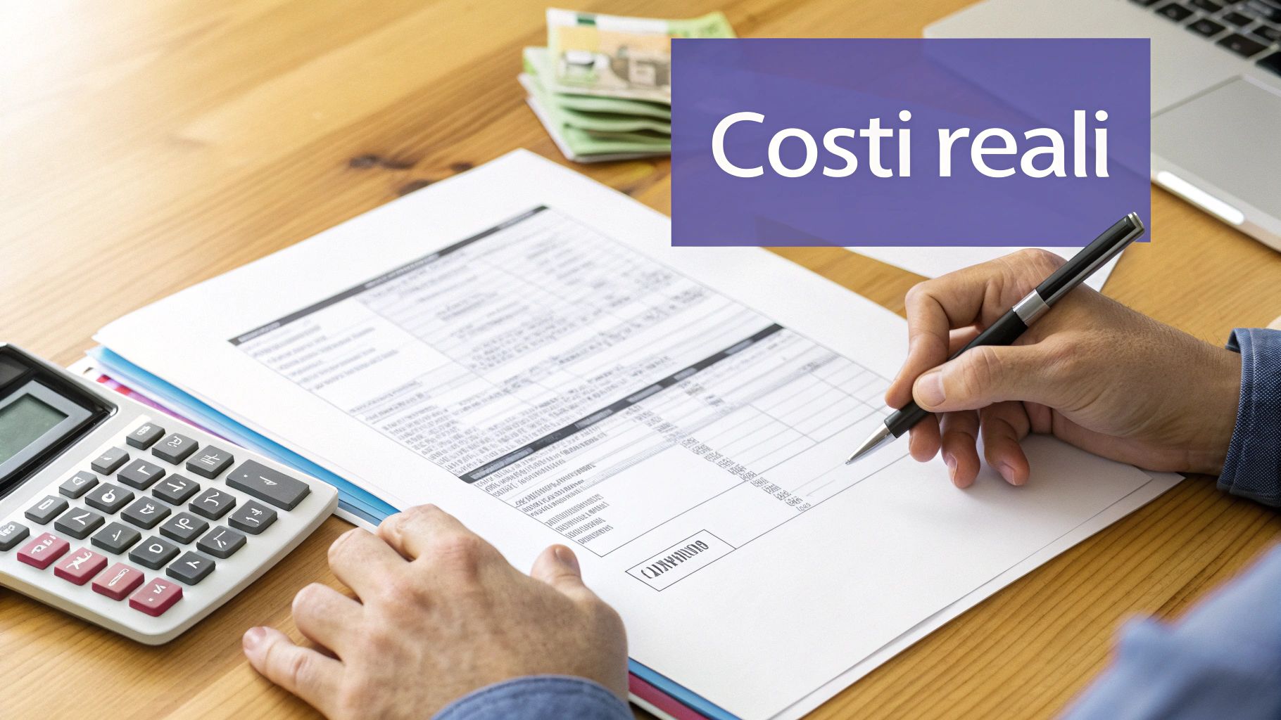 Mani di una persona che calcola costi su documenti, con calcolatrice e denaro su un tavolo di legno. Titolo: Costi reali.
