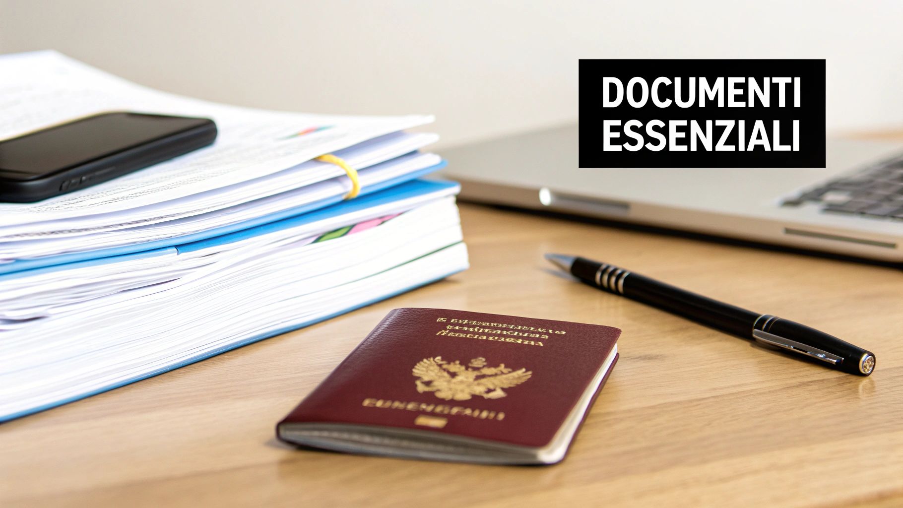 Una scrivania con documenti, uno smartphone, un passaporto, una penna e un laptop, con la scritta 'DOCUMENTI ESSENZIALI'.