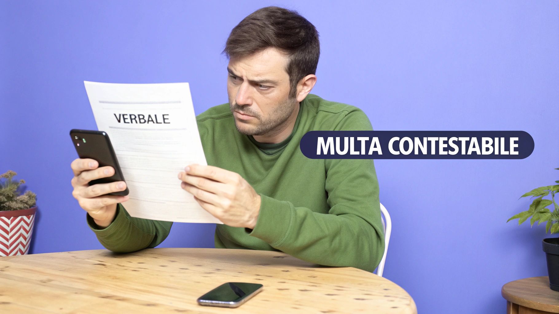 Uomo preoccupato legge un verbale con il telefono in mano, con la scritta 'MULTA CONTESTABILE' in evidenza.