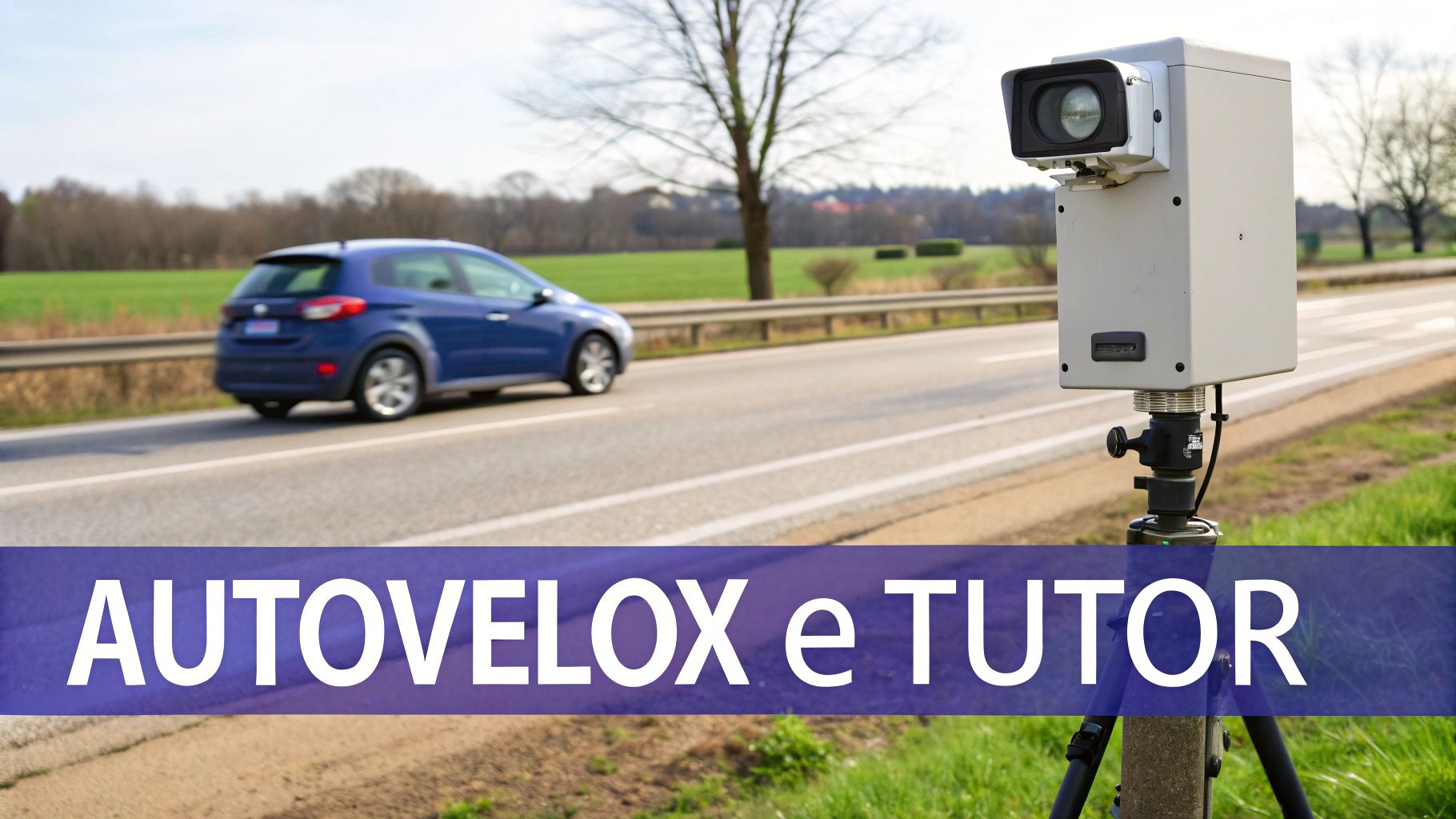Una telecamera autovelox su un treppiede a lato di una strada, con un'auto blu che passa.