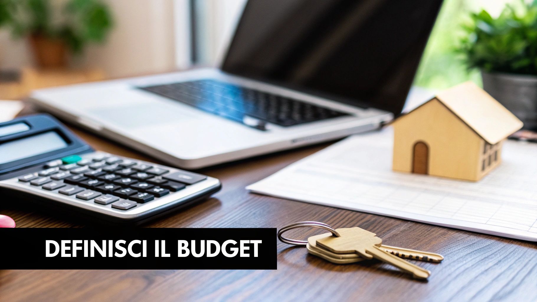 Scrivania con calcolatrice, laptop, modellino di casa, chiavi e documenti, con testo 'DEFINISCI IL BUDGET'.
