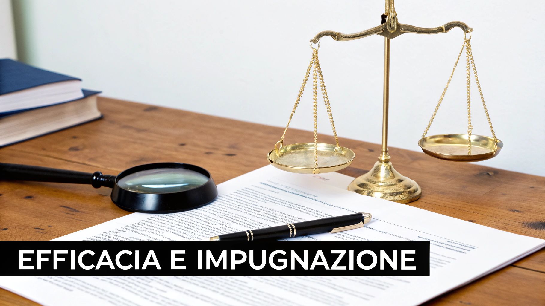 Ufficio legale con bilancia della giustizia, libri, lente d'ingrandimento e documenti, con il testo 'EFFICACIA E IMPUGNAZIONE'.