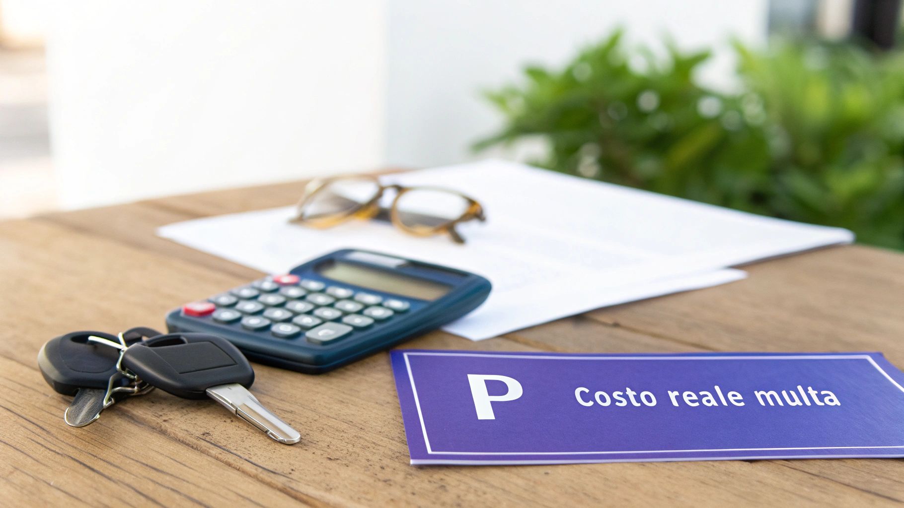 Persona che tiene in mano una calcolatrice davanti a una multa per divieto di sosta