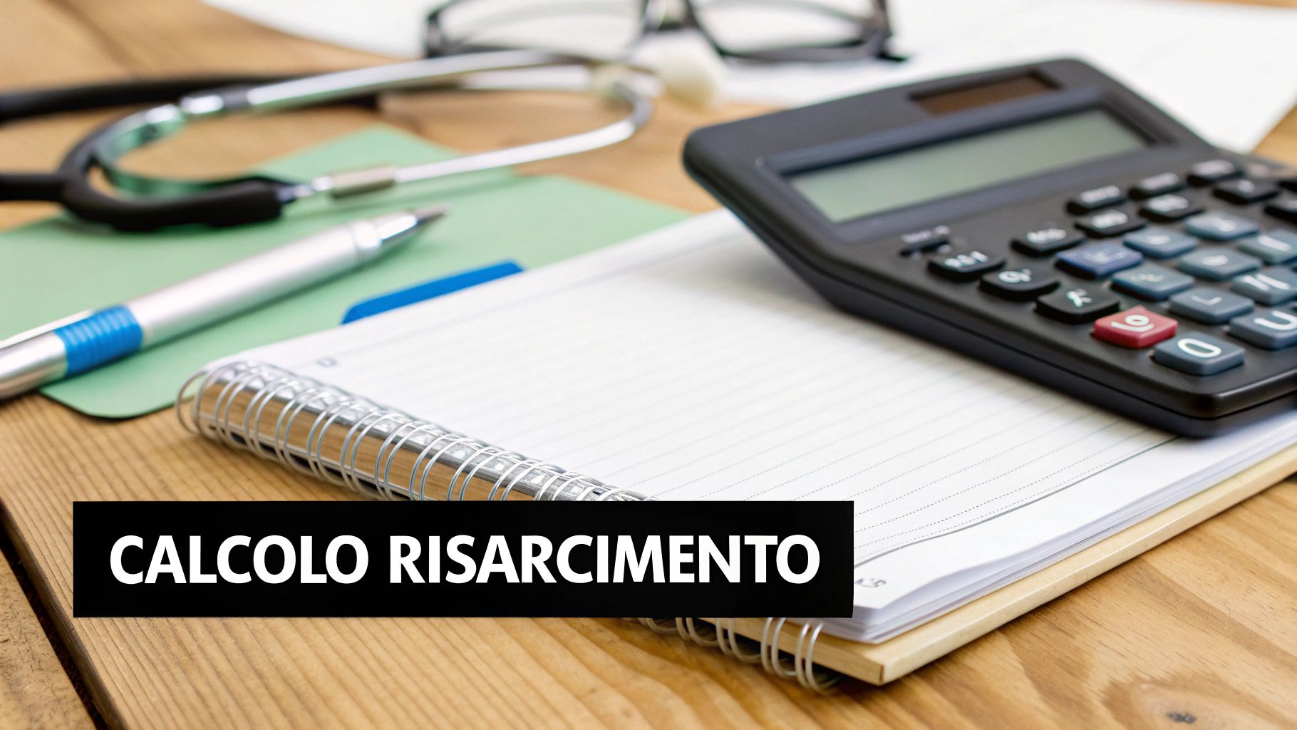 Scrivania con stetoscopio, penna, quaderno e calcolatrice per il calcolo del risarcimento.