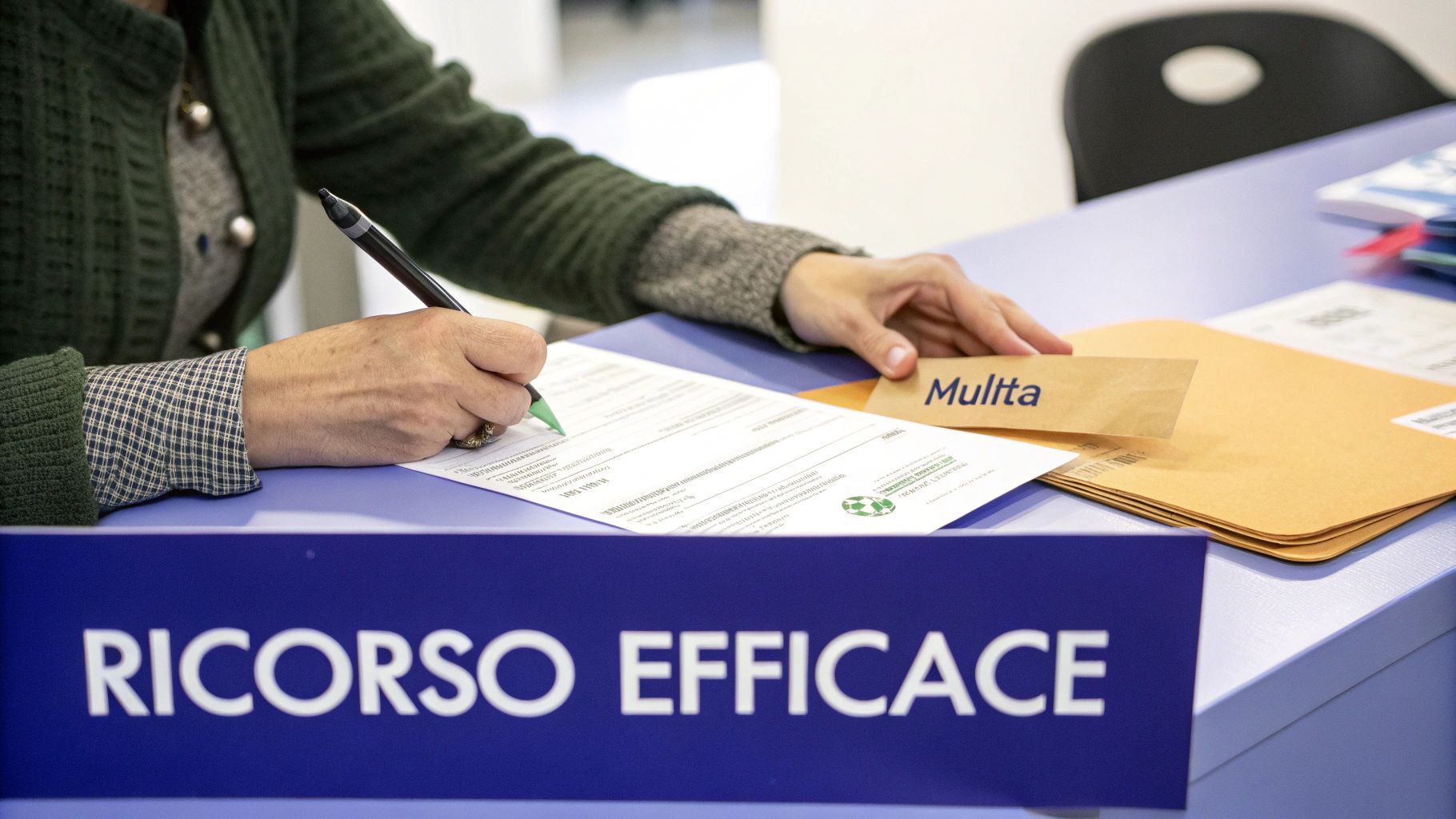 Persona che compila documenti per ricorso efficace contro multa con busta Multa sul tavolo