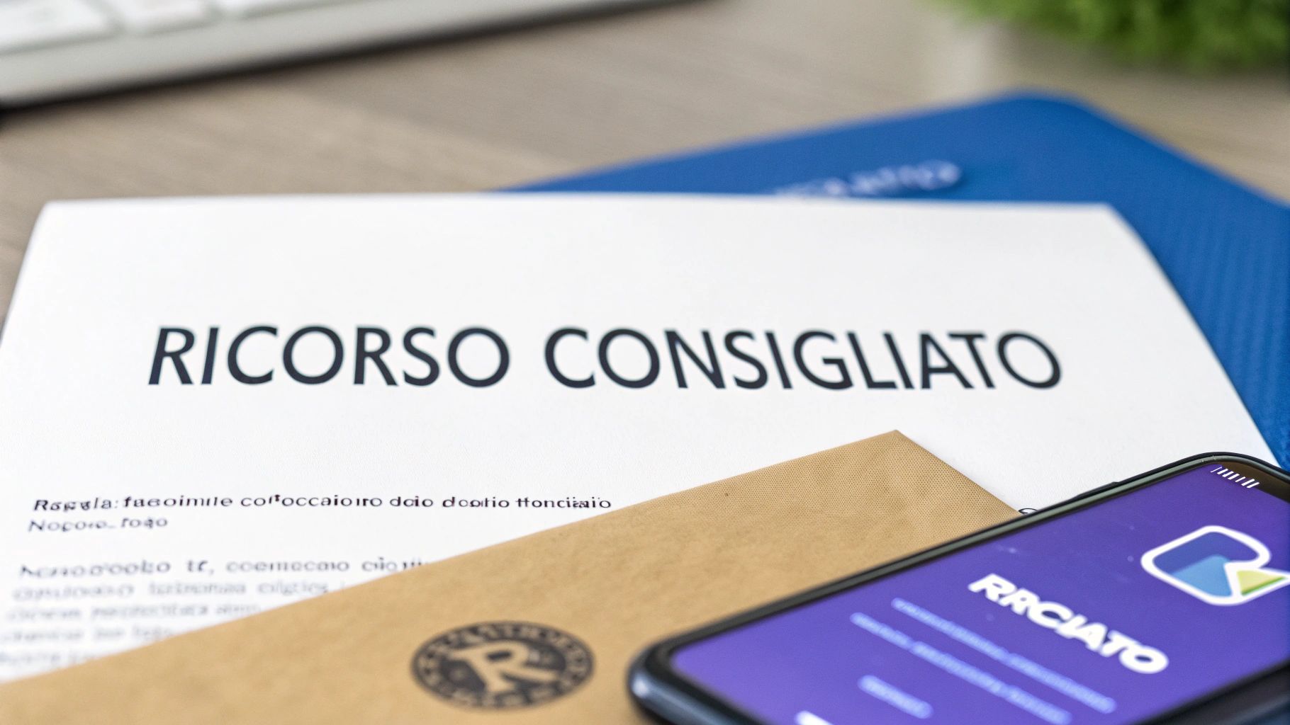 Documento con il titolo "RICORSO CONSIGLIATO" su una scrivania, con uno smartphone e una busta che suggeriscono procedure legali o amministrative.