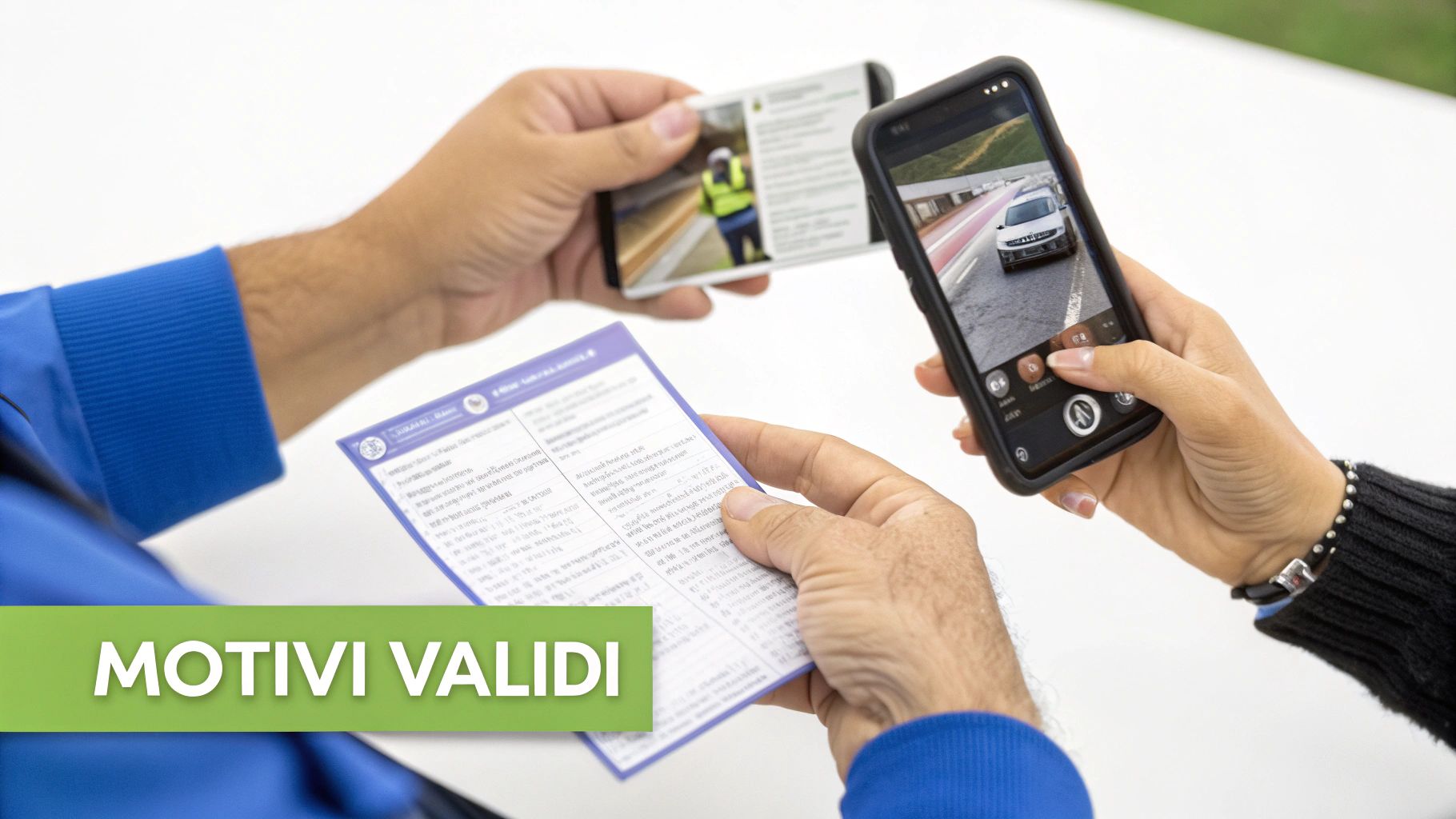 Due persone esaminano documenti e smartphone per contestare una multa stradale tramite ricorso al prefetto