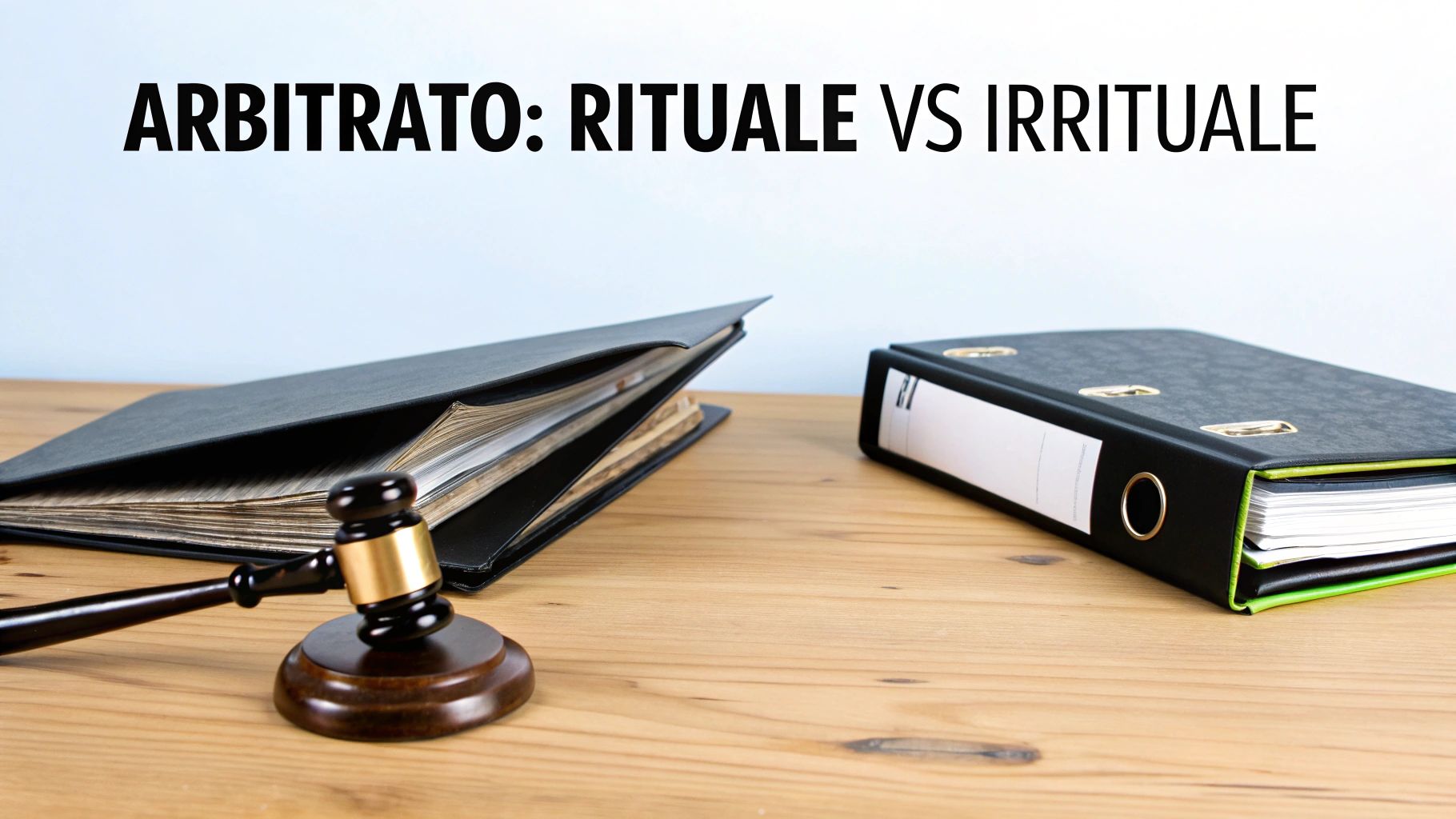 Una mazza da giudice e due raccoglitori su un tavolo di legno con il testo ARBITRATO: RITUALE VS IRRITUALE.