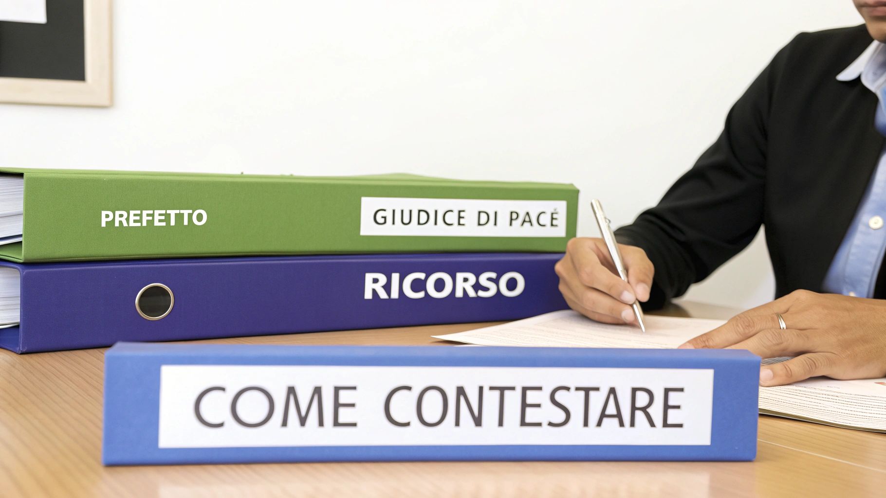 Un uomo compila moduli con cartelle legali etichettate 'Come Contestare', 'Ricorso' e 'Prefetto'.