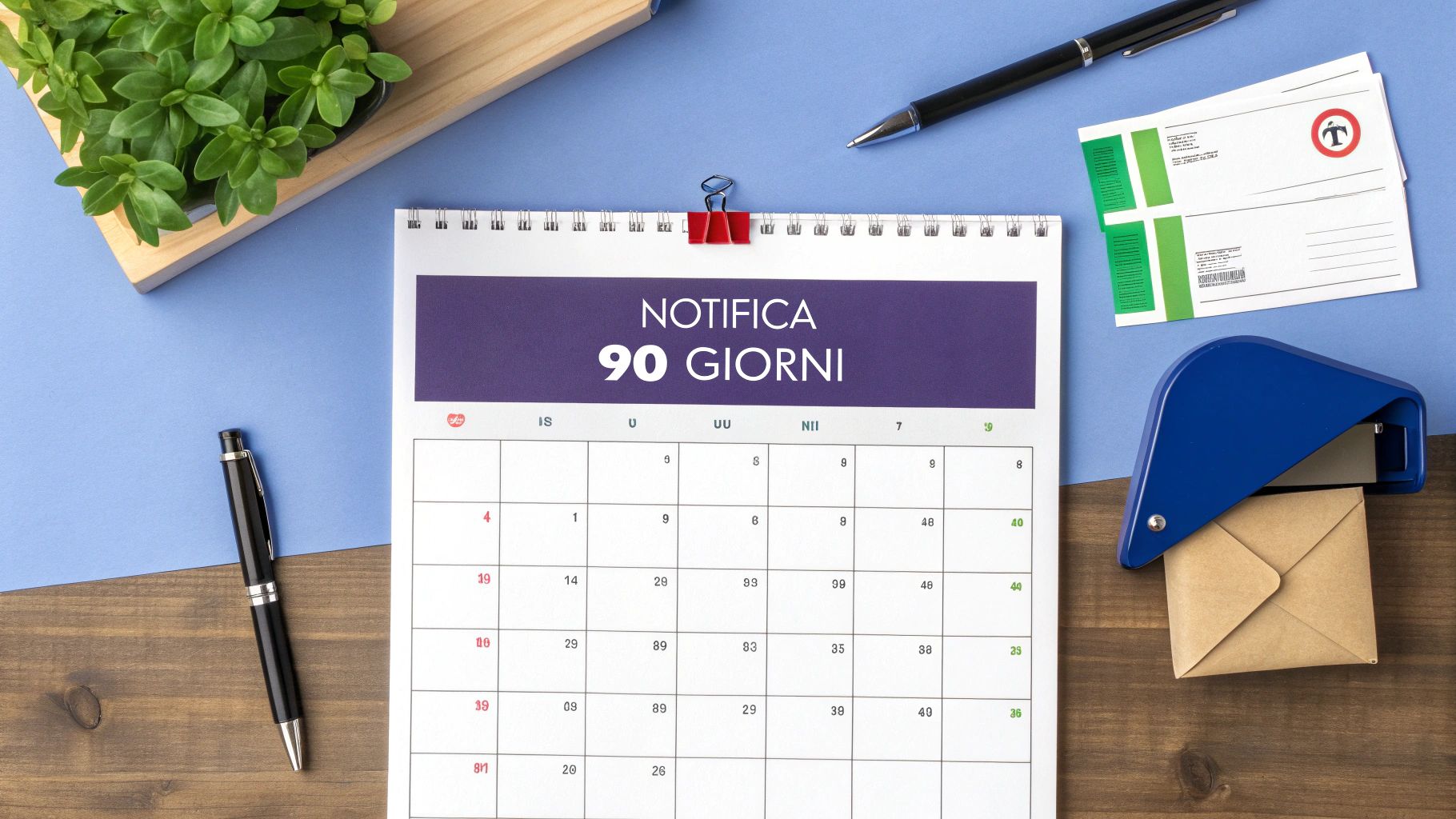 Calendario da scrivania con avviso 'NOTIFICA 90 GIORNI', penne e buste su superficie bicolore.