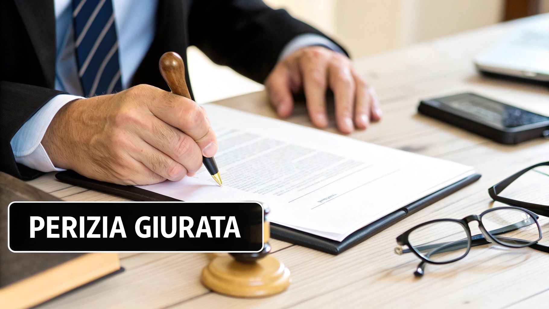 Un professionista in giacca e cravatta firma un documento legale su una scrivania. Presente un martelletto e la scritta Perizia Giurata.