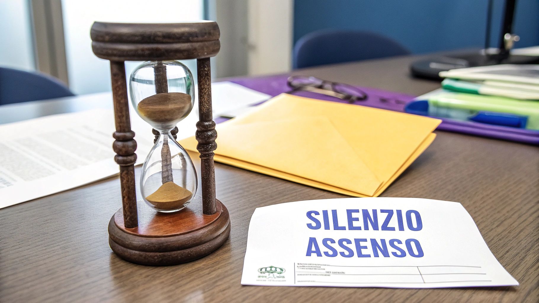 Una clessidra e un documento con 'SILENZIO ASSENSO' su una scrivania in un contesto di ufficio.