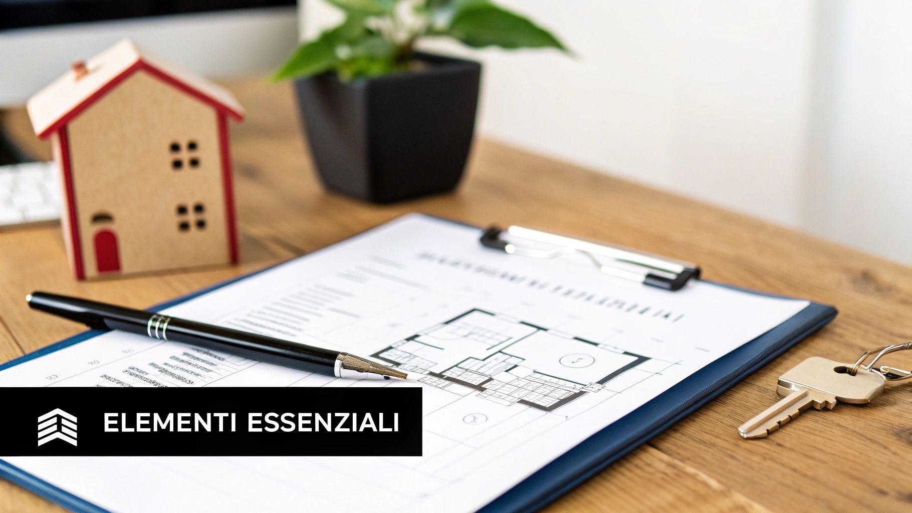 Documenti immobiliari, una casa in miniatura, una penna e chiavi su una scrivania di legno, simboleggiando contratti di acquisto casa.