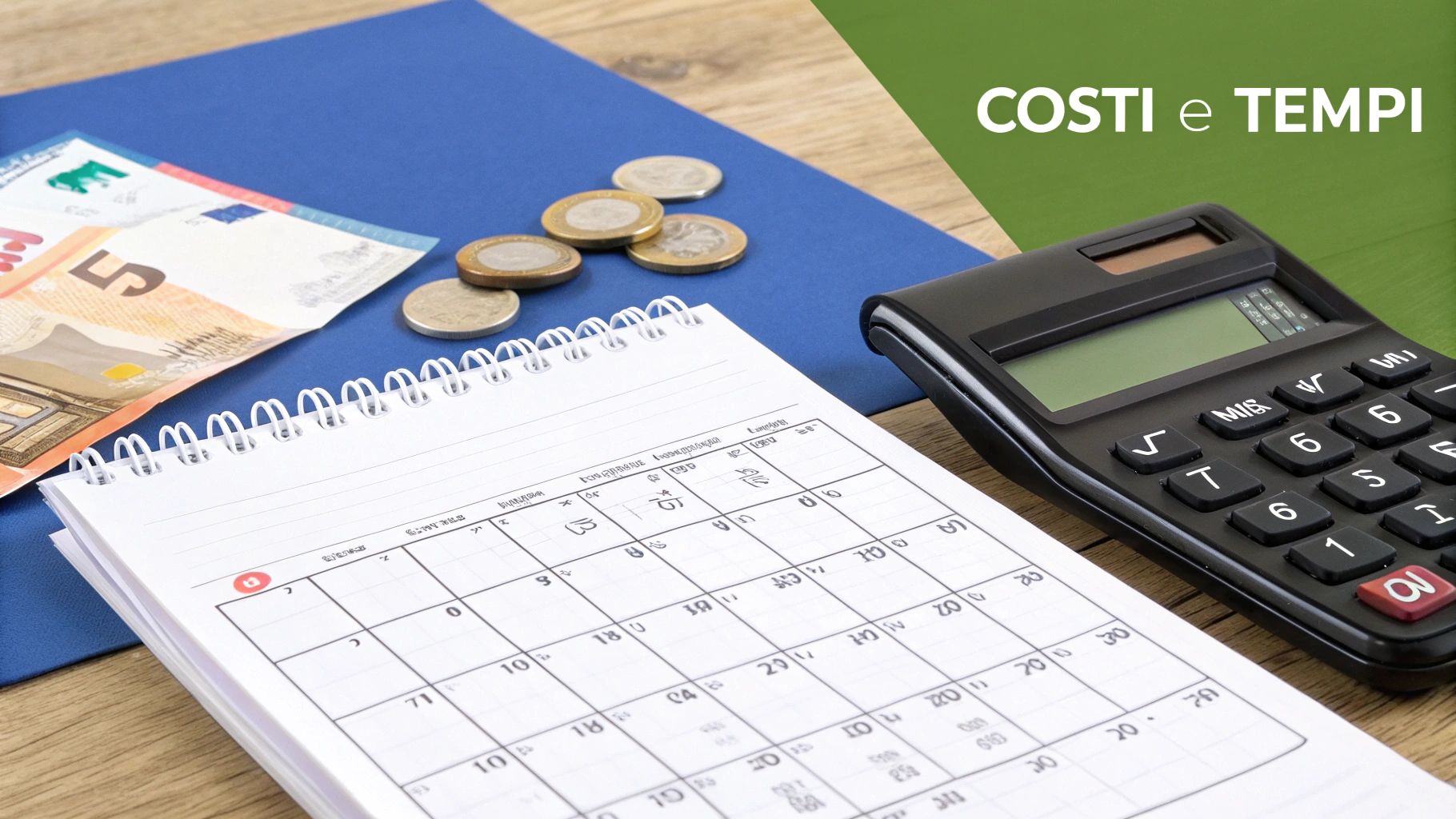 Calcolatrice, banconote, monete e un calendario su un tavolo di legno, con la scritta "COSTI e TEMPI".
