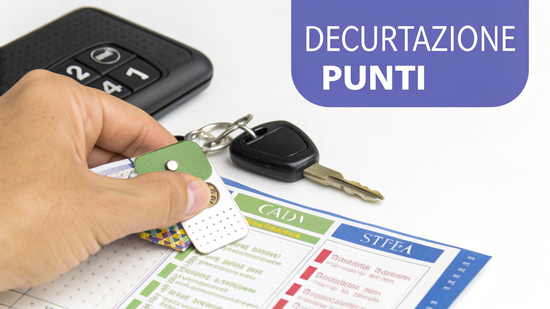 Una mano tiene delle chiavi dell'auto con un portachiavi, sullo sfondo un documento con la scritta 'DECURTAZIONE PUNTI'.