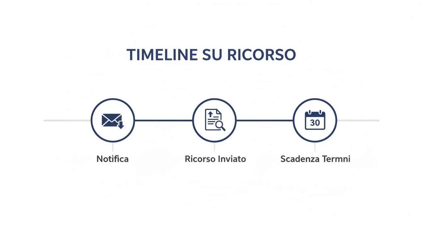Timeline orizzontale che illustra i passaggi chiave di un ricorso: notifica, invio del ricorso e scadenza dei termini.