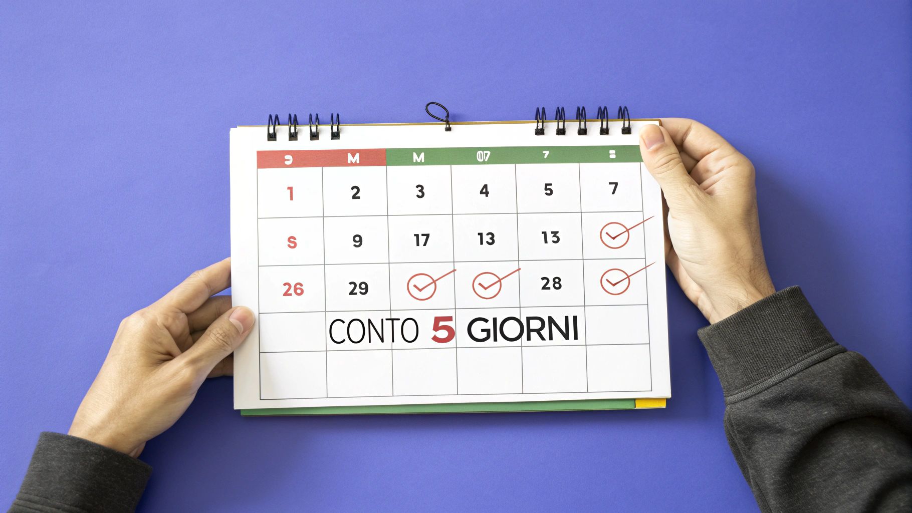 Una pagina di calendario con il quinto giorno cerchiato in rosso per evidenziare la scadenza.