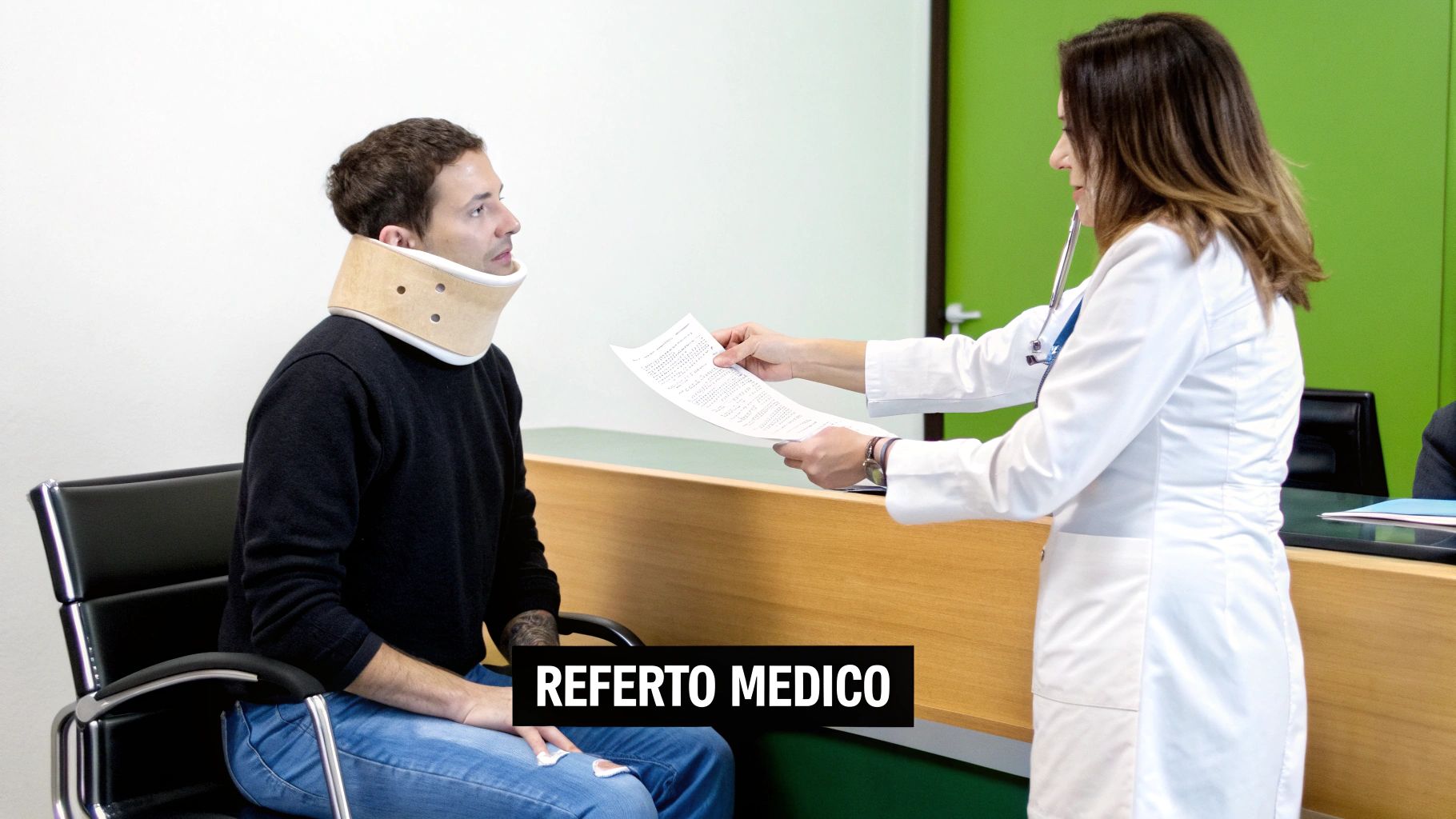 Paziente con collare cervicale riceve un referto medico da una dottoressa, discutendo i risultati.