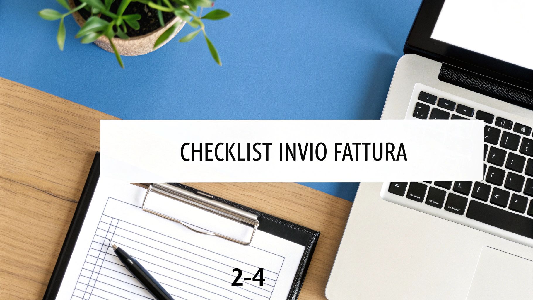Un checklist intitolato 'CHECKLIST INVIO FATTURA' su un tavolo da ufficio con laptop e pianta.