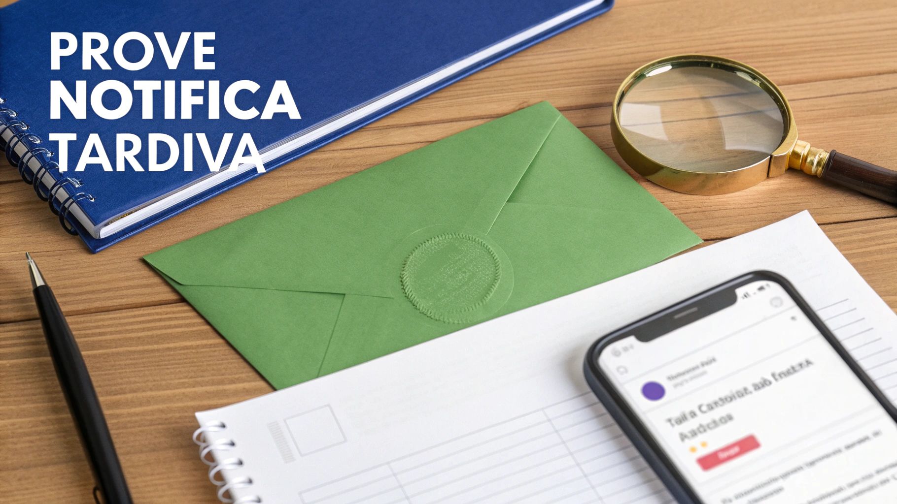 Scrivania con notebook blu, busta verde sigillata, lente d'ingrandimento, smartphone e documenti con testo 'PROVE NOTIFICA TARDIVA'.