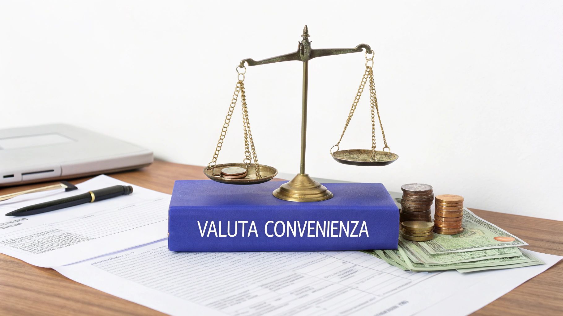 Bilancia della giustizia su libro valuta convenienza con documenti legali e denaro