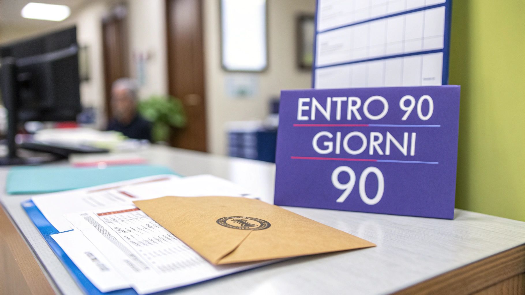 Scrivania d'ufficio con documenti, una busta e un cartello viola che indica "ENTRO 90 GIORNI 90". Un impiegato è sfocato sullo sfondo.