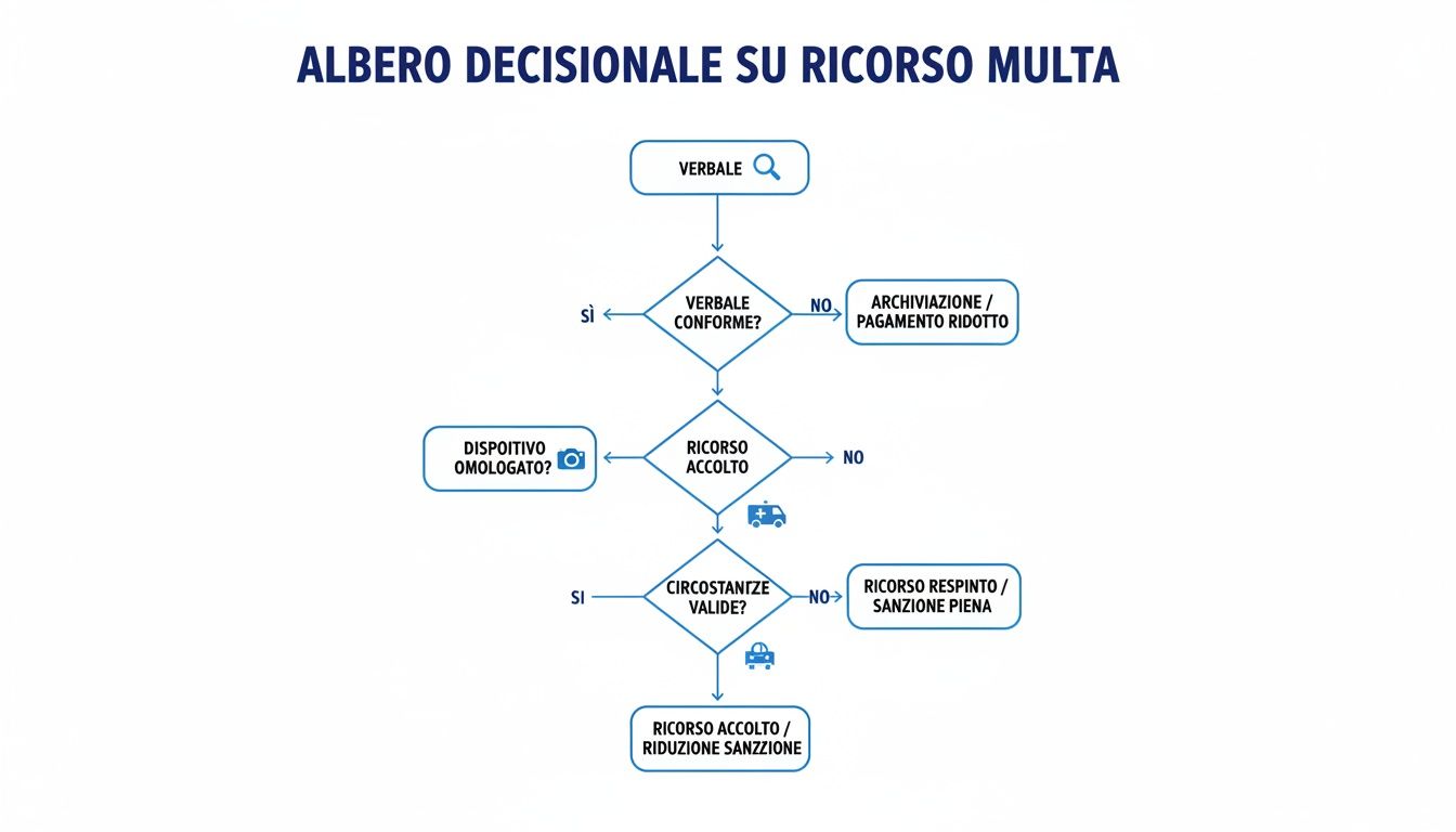 Un albero decisionale illustra il processo di ricorso contro una multa, dalla conformità del verbale all'accoglimento.