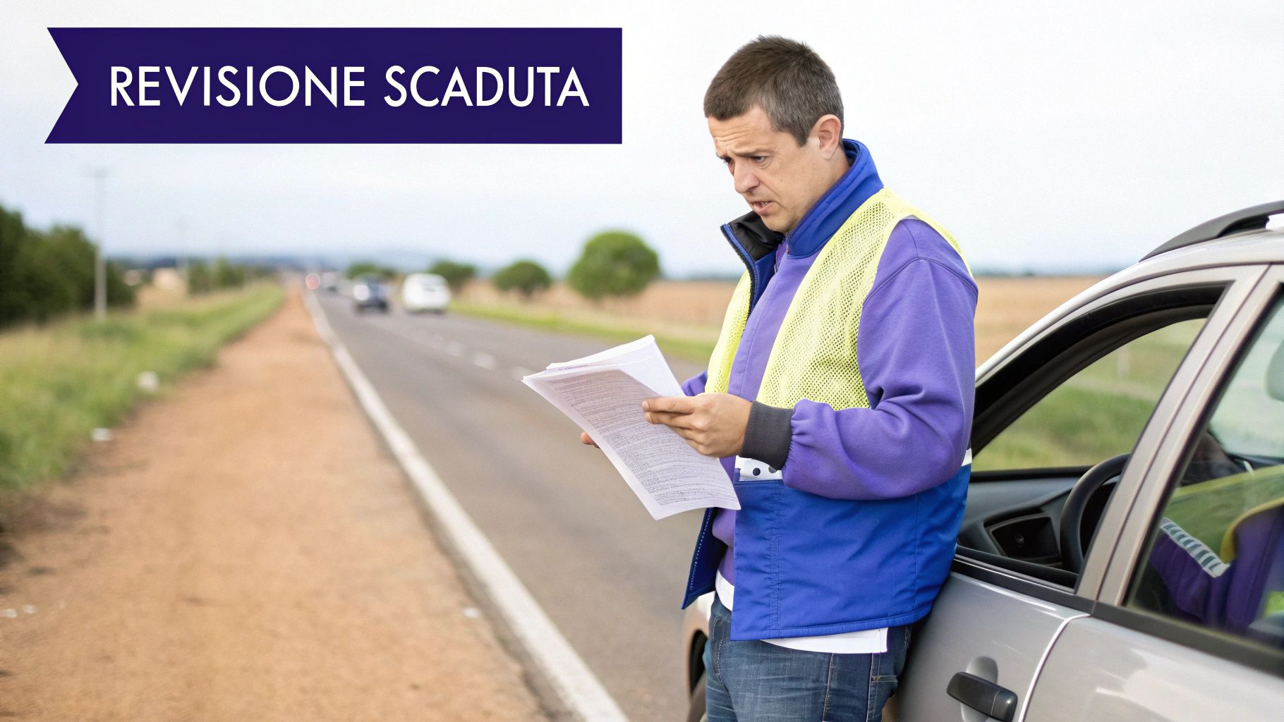 Un agente di polizia che controlla i documenti di un'auto durante un controllo su strada