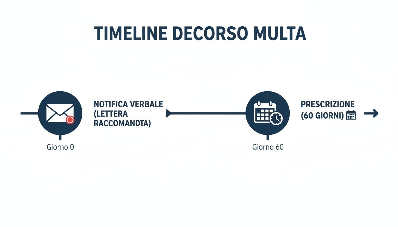 Timeline che illustra il decorso di una multa, dalla notifica tramite raccomandata fino alla prescrizione dopo 60 giorni.