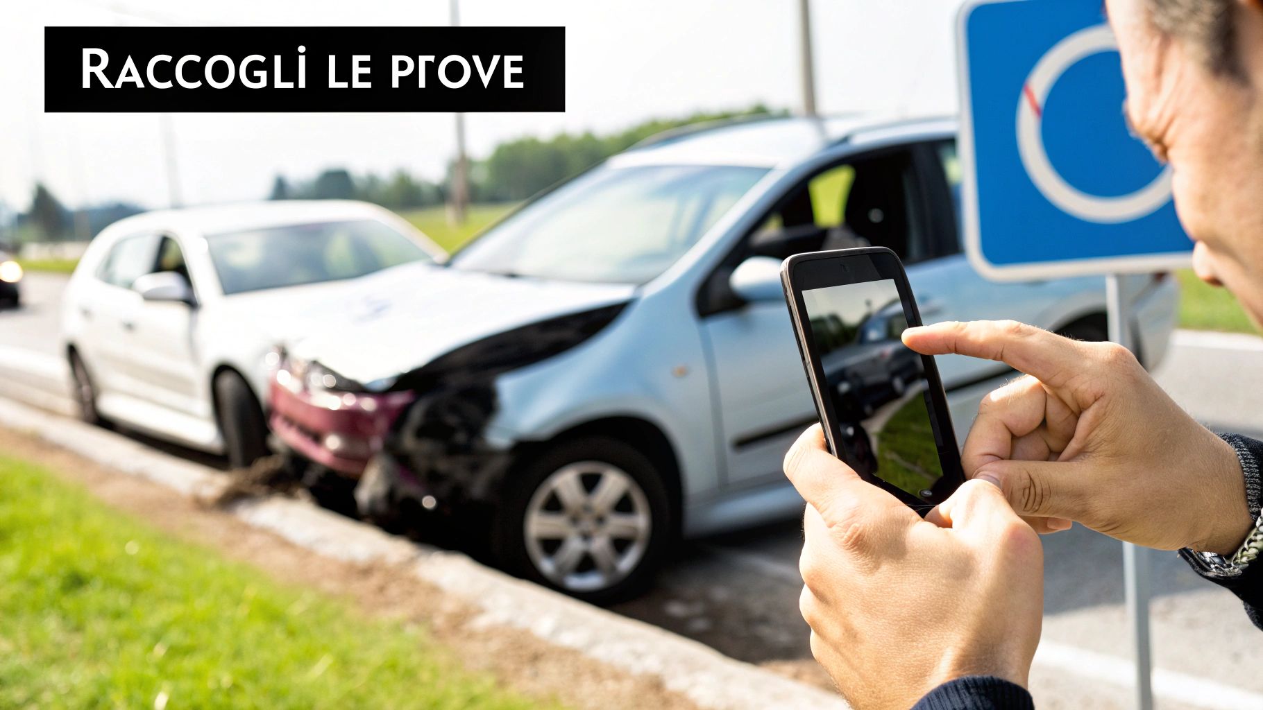 Persona fotografa con smartphone un incidente stradale tra due auto danneggiate, seguendo l'indicazione 'Raccogli le prove'.