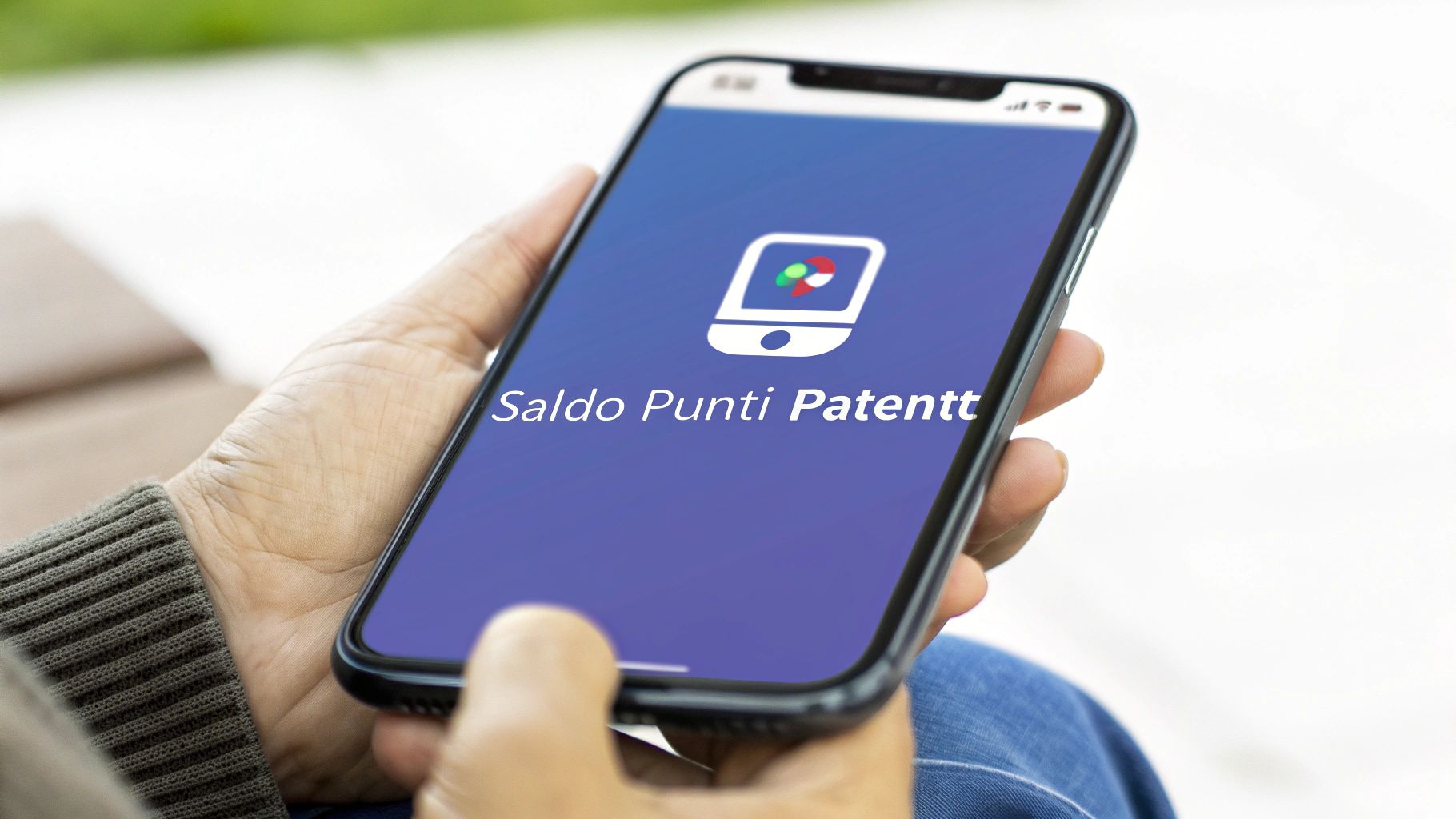 Una persona tiene in mano uno smartphone che mostra l'applicazione Saldo Punti Patente, utile per controllare i punti della propria licenza di guida.