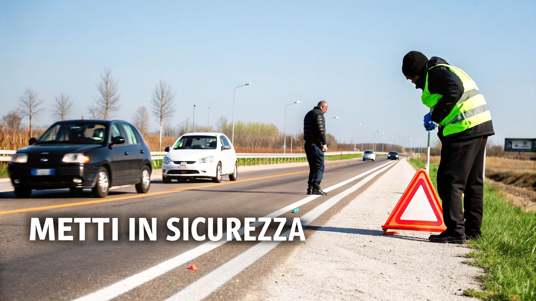 Uomini su una strada, uno posiziona un triangolo di emergenza, indicando un'emergenza stradale o un guasto al veicolo.