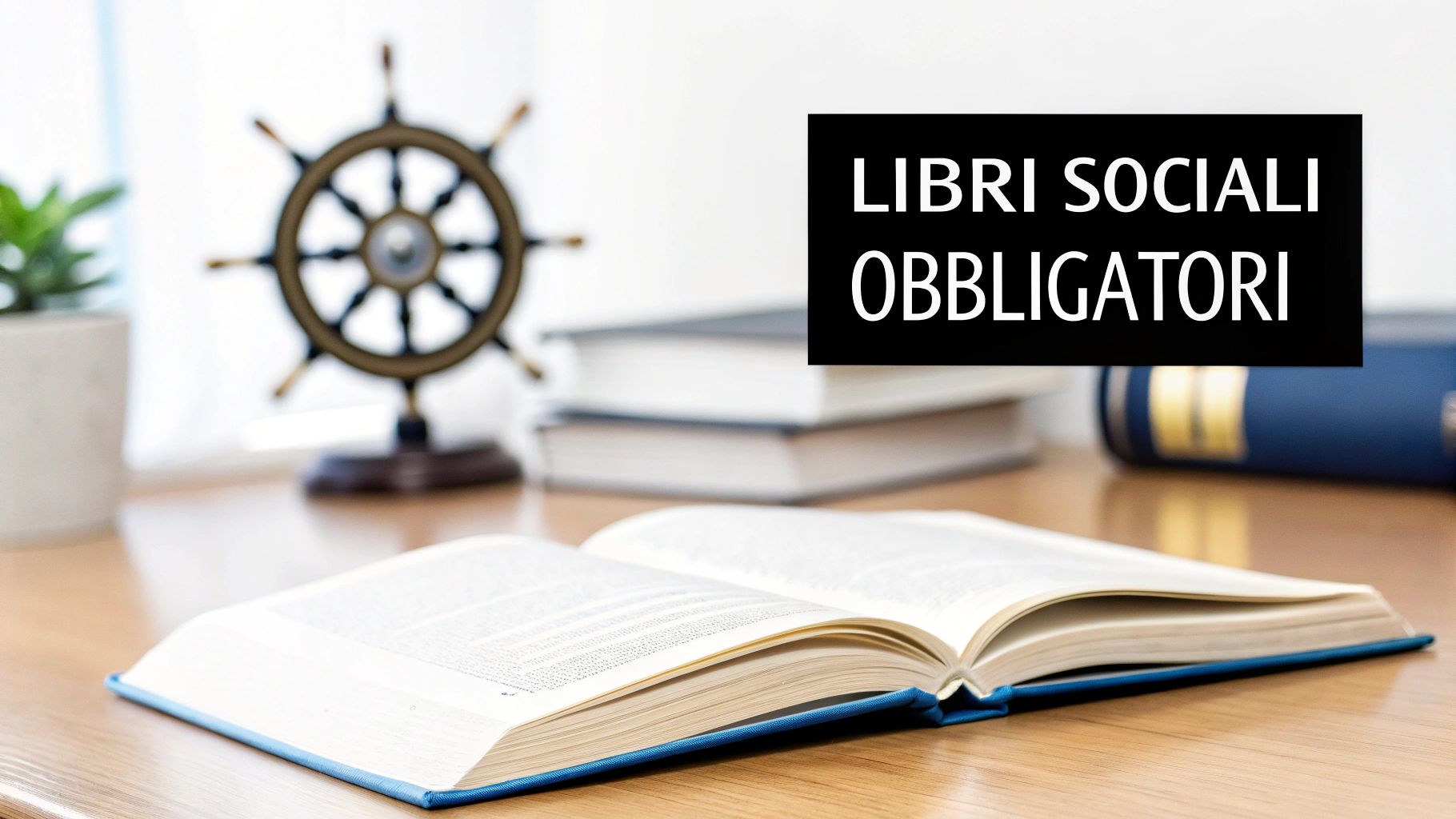 Un libro aperto su scrivania in legno, con altri libri e timone sullo sfondo. La scritta 'LIBRI SOCIALI OBBLIGATORI' è in evidenza.