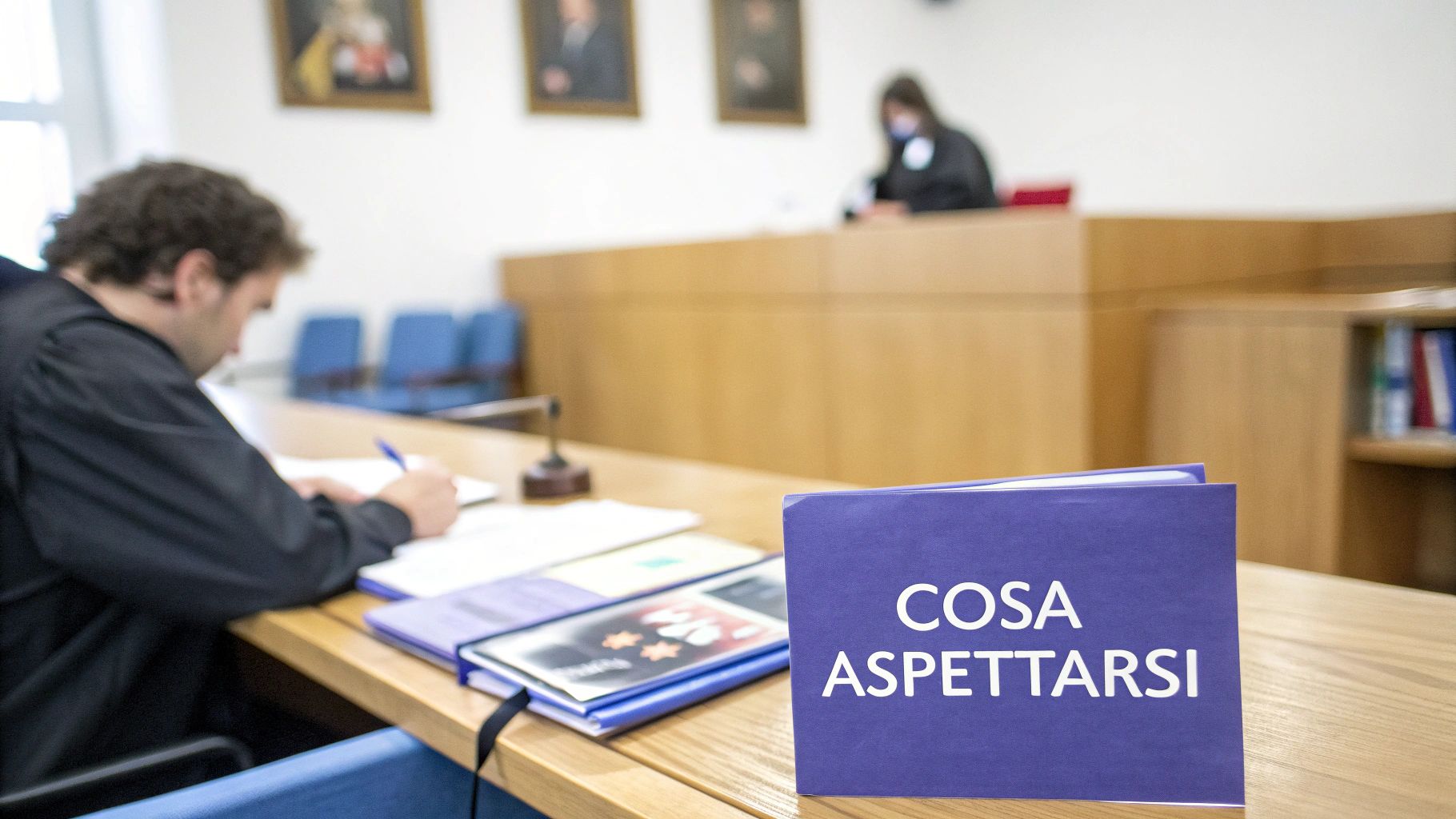 Un avvocato prende appunti in un'aula di tribunale con documenti e un cartello 'COSA ASPETTARSI' in primo piano.