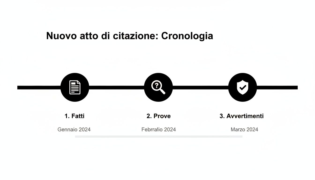Timeline del nuovo atto di citazione con fasi Fatti, Prove e Avvertimenti, datate da Gennaio a Marzo 2024.