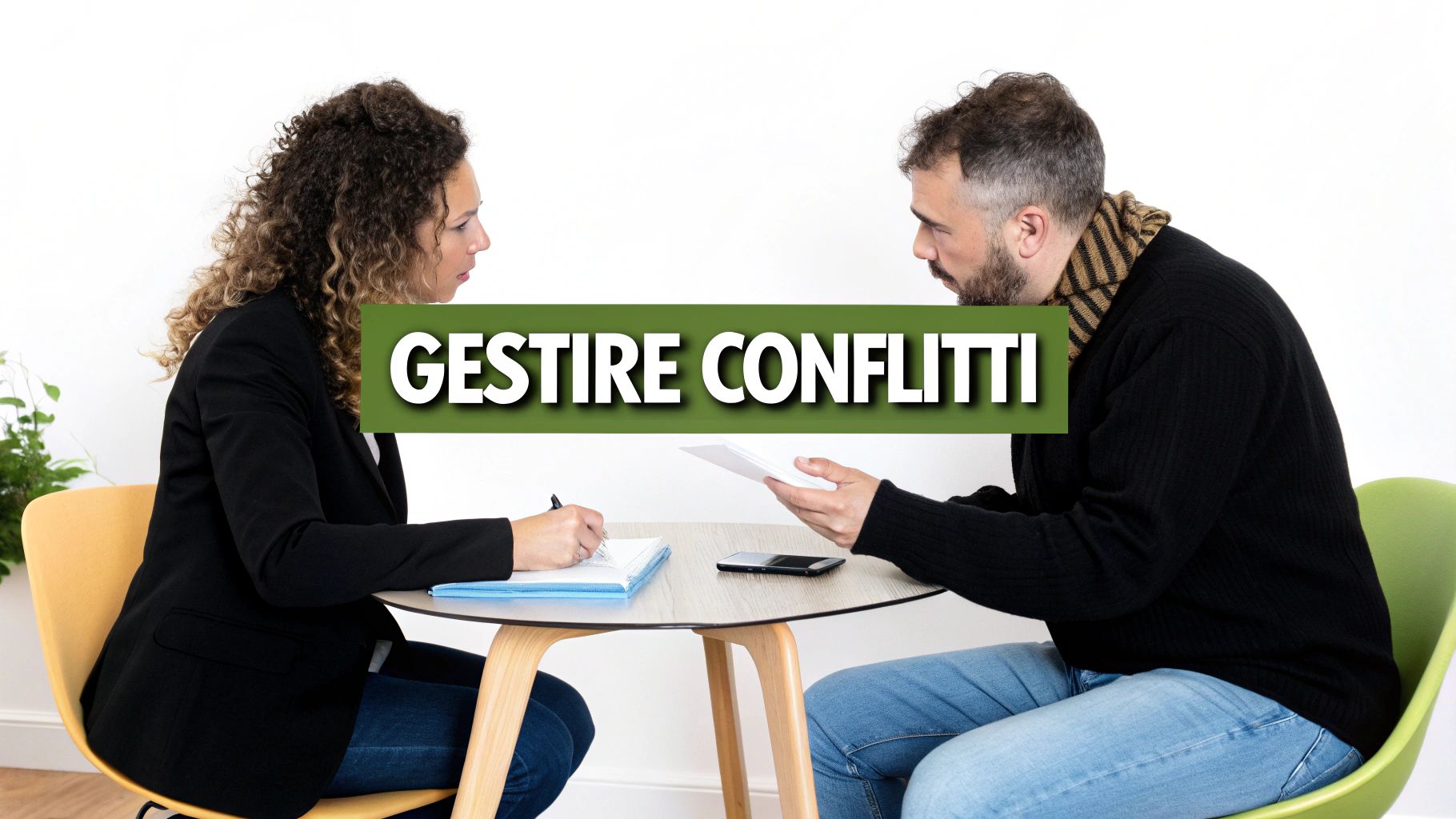 Due persone sedute a un tavolo si confrontano, con la scritta 'GESTIRE CONFLITTI' in primo piano. Ideale per corsi sulla risoluzione dei problemi.