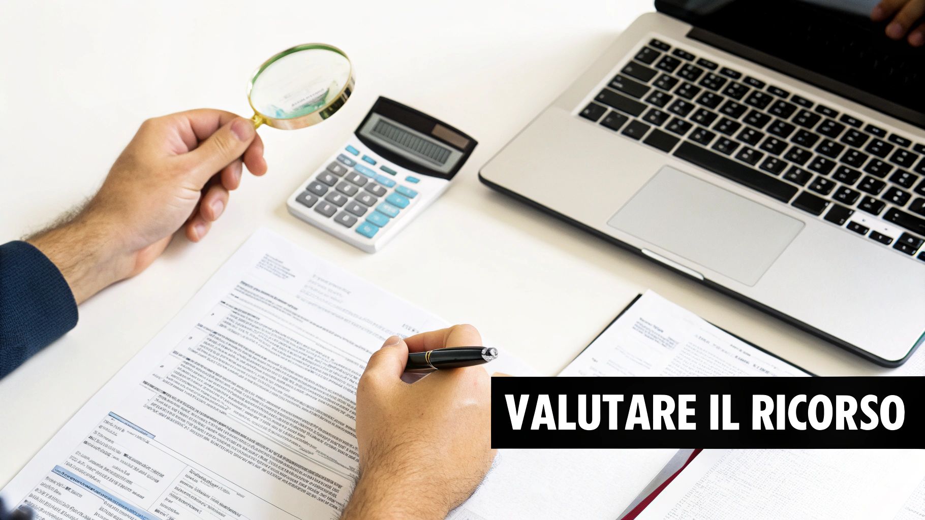 Mani che esaminano documenti con lente d'ingrandimento e penna, su una scrivania con calcolatrice e laptop, per valutare un ricorso.