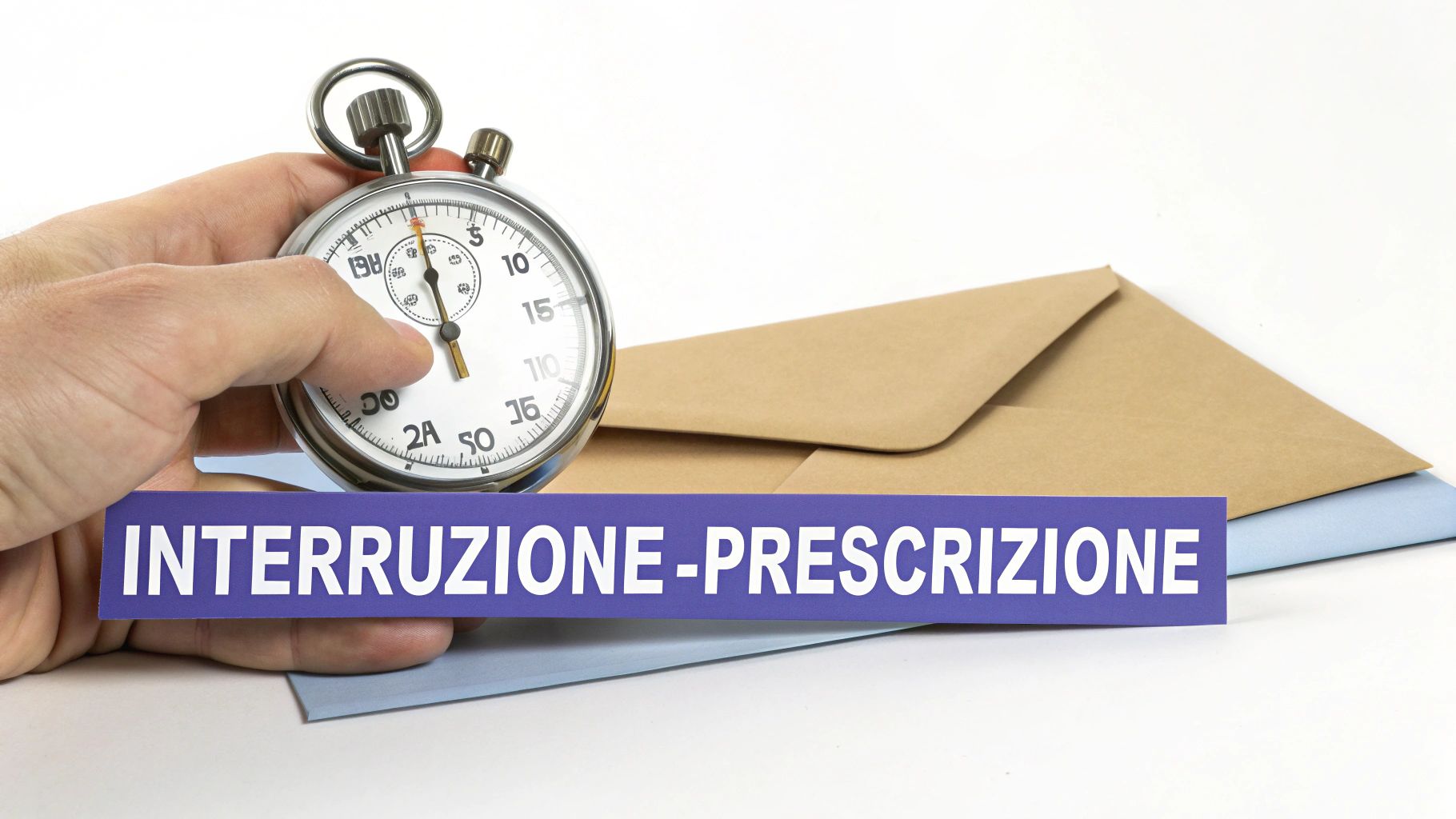 Mano che tiene un cronometro, con la scritta 'INTERRUZIONE-PRESCRIZIONE' su una fascia viola e buste sullo sfondo.