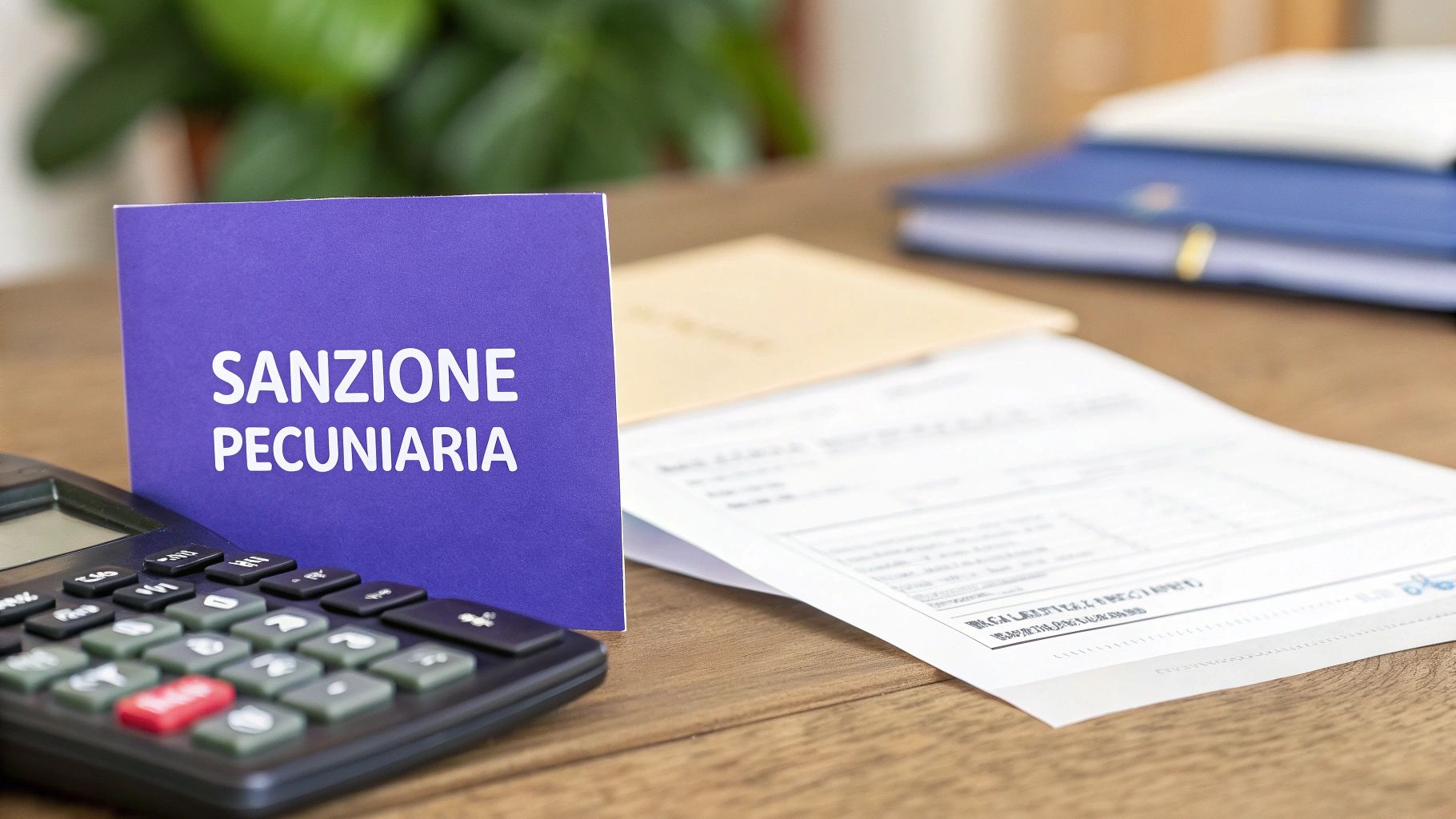 Una carta viola con la scritta "Sanzione Pecuniaria", una calcolatrice e documenti su una scrivania di legno.