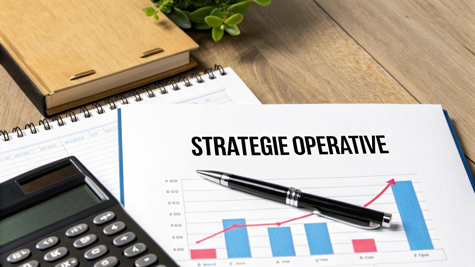 Documento con 'STRATEGIE OPERATIVE', grafico di crescita, penna, calcolatrice e quaderni su scrivania di legno.