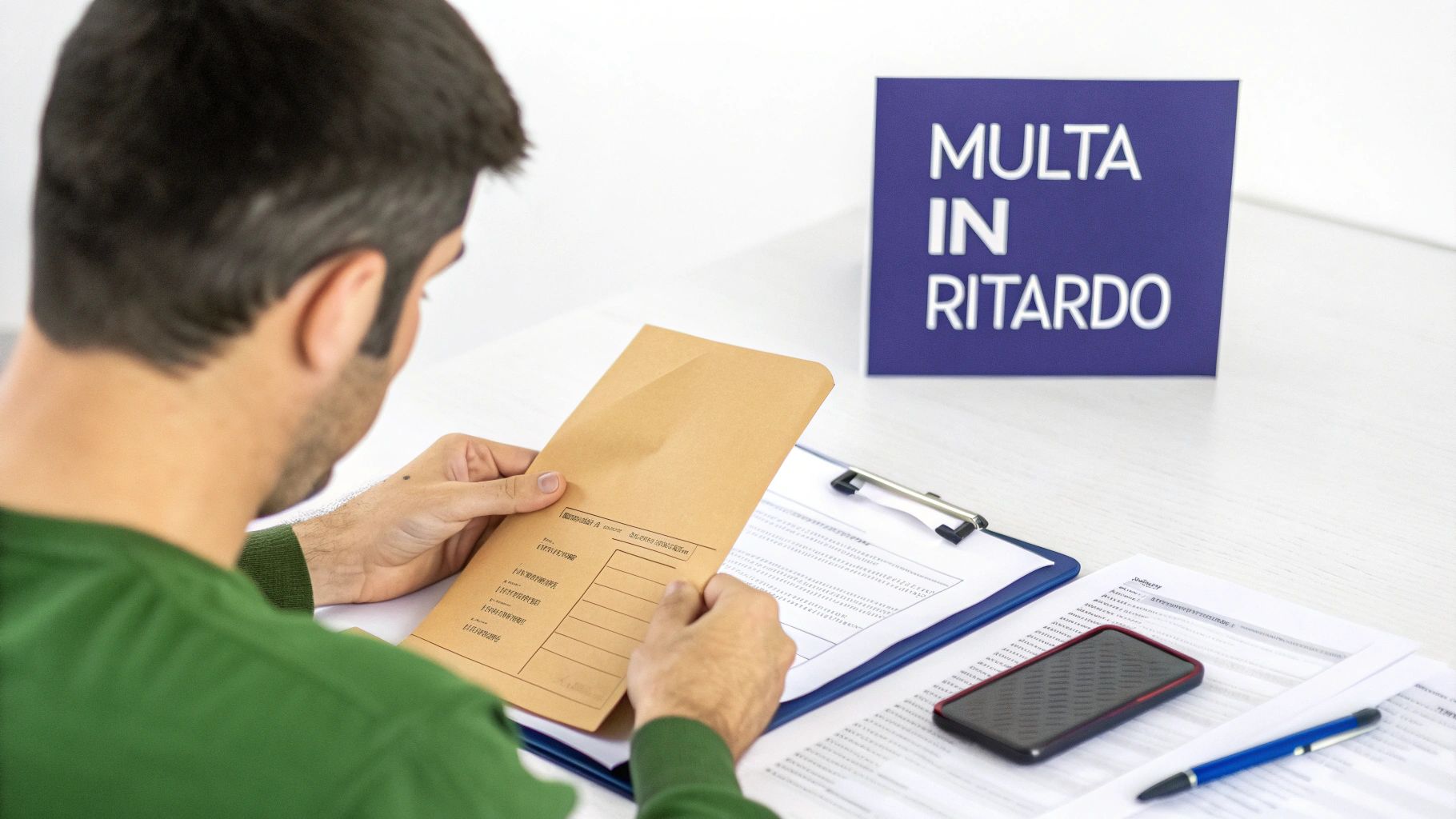 Un uomo esamina una busta marrone e documenti su una scrivania, con un cartello blu che dice "MULTA IN RITARDO" sullo sfondo.