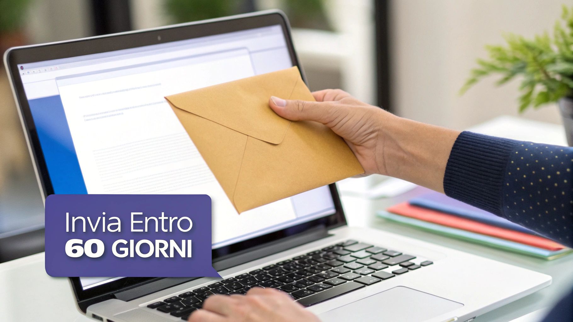 Persona invia ricorso tramite busta davanti a laptop, termine entro 60 giorni per impugnazione multa