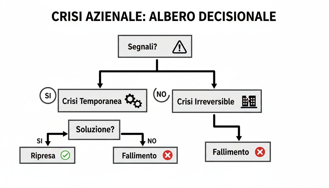 Albero decisionale che illustra come gestire una crisi aziendale, valutando segnali e soluzioni verso la ripresa o il fallimento.