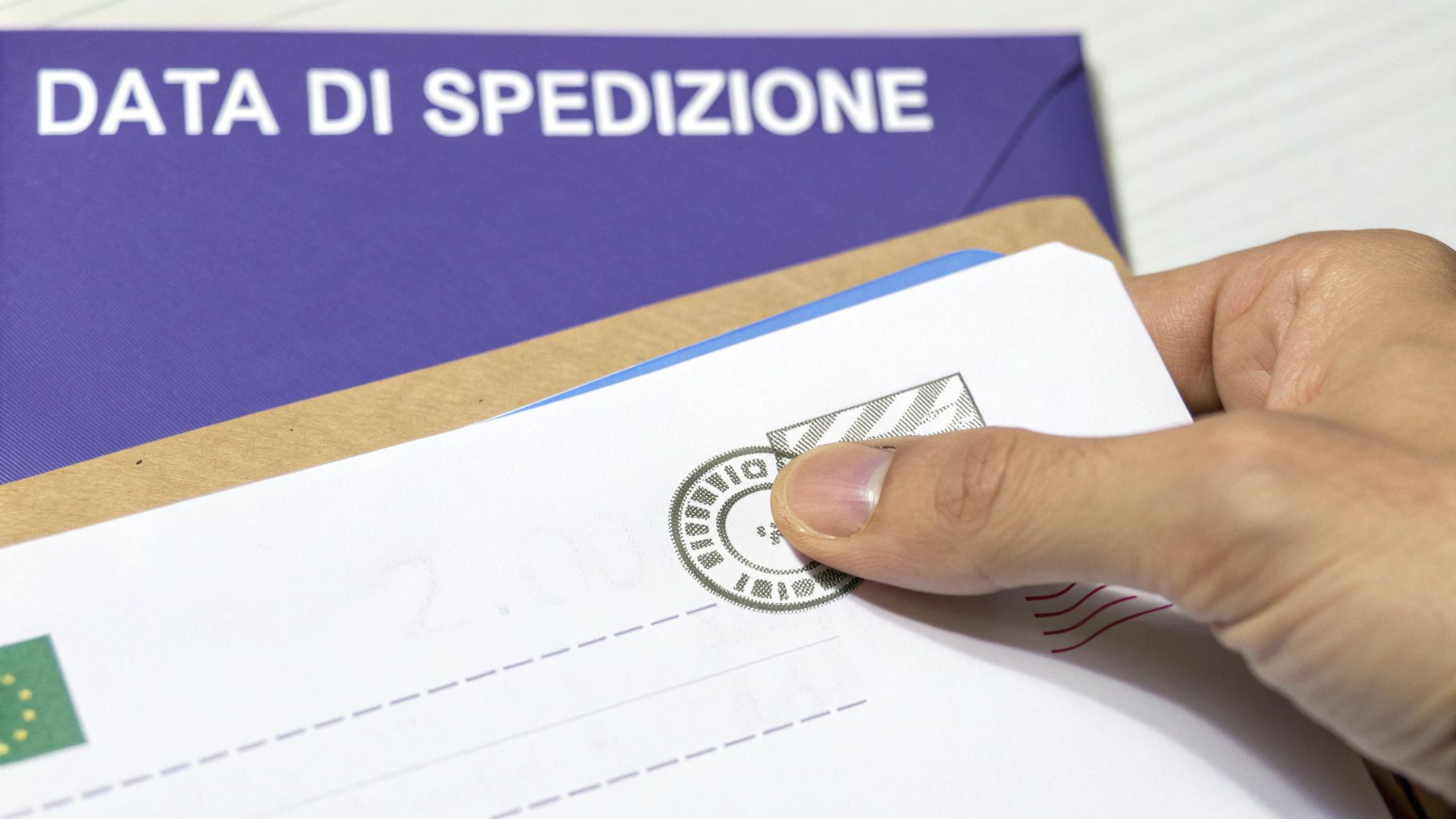 Mano che tiene una busta con timbro prioritario e data di spedizione per invio documenti